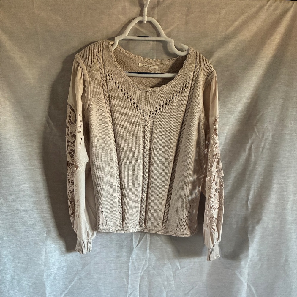 Cotton sweater with lace cutwork long sleeves